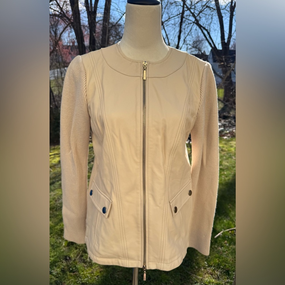 Linea by Louis Dell'Olio Lamb Leather Jacket with Knit Sleeves Size 6 Alabaster